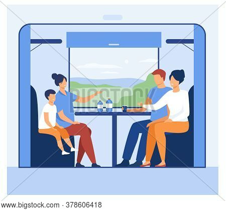 Happy People Travelling By Train. Cartoon Passengers Sitting On Couches At Window And Talking. Vecto