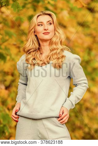 Sporty Girl. Woman Enjoy Autumn Season In Park. Warm Knitwear. Girl Relaxing In Nature Wearing Knitw