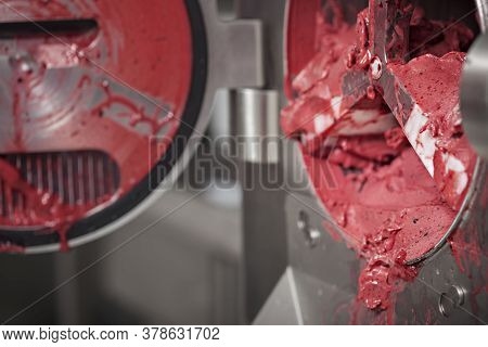 Red Fruit Ice Cream From The Ice Cream Maker Machine In The Small Manufacturing - Making Of Ice Crea