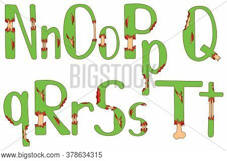 Zombie Alphabet For Halloween. Torn Wound And Bones Hand-drawn Lettering. N, O, P, Q, R, S, T Letter