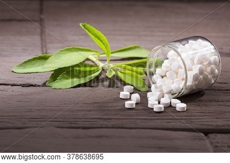 Natural Sweetener In Pills Of Stevia Plant - Stevia Rebaudiana.