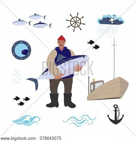 Sea Set With Sailor, Fishes, Boat, Anchor And Seagall. The Sailor Stands With A Large Fish In His Ha