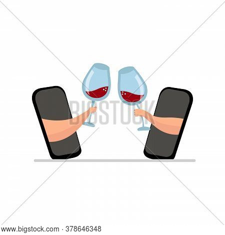 An Illustration Of Two People Having A Glass Of Wine With A Help Of Their Smartphones. Social Distan