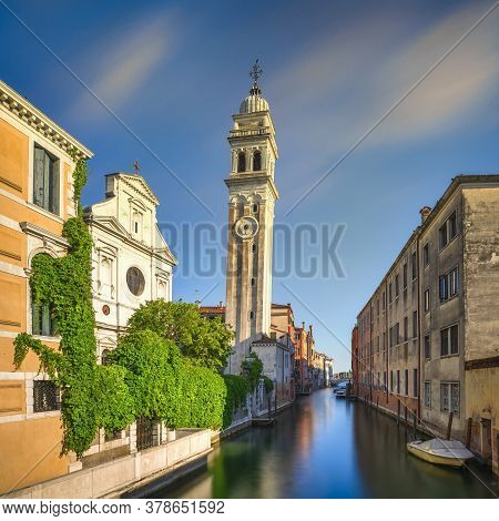 Venice Sunset Cityscape, San Giorgio Dei Greci Canal And Church. Italy, Europe. Long Exposure.