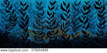 Illustration Of Dragon Or Watter Snake Swimming Underwatter In Grass.