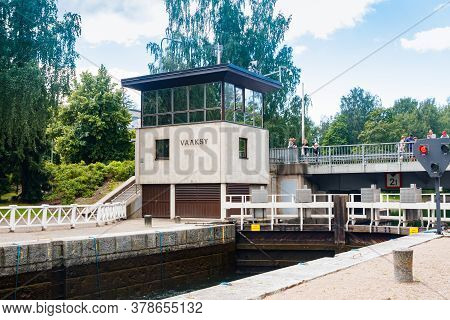 Asikkala, Finland - 16 July 2020: Vaaksy Canal Between Two Big Lakes Vesijarvi And Paijanne. Gateway