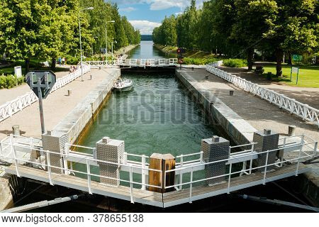 Asikkala, Finland - 16 July 2020: Vaaksy Canal Between Two Big Lakes Vesijarvi And Paijanne. Gateway