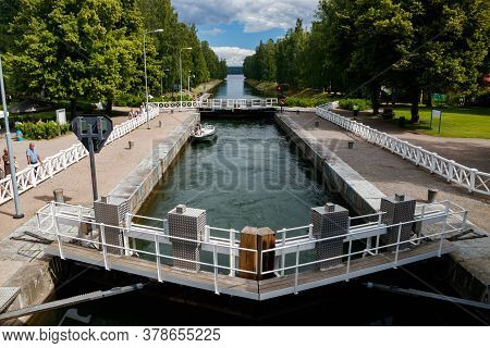 Asikkala, Finland - 16 July 2020: Vaaksy Canal Between Two Big Lakes Vesijarvi And Paijanne. Gateway