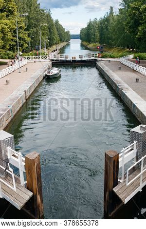 Asikkala, Finland - 16 July 2020: Vaaksy Canal Between Two Big Lakes Vesijarvi And Paijanne. Gateway