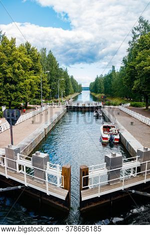 Asikkala, Finland - 16 July 2020: Vaaksy Canal Between Two Big Lakes Vesijarvi And Paijanne. Gateway
