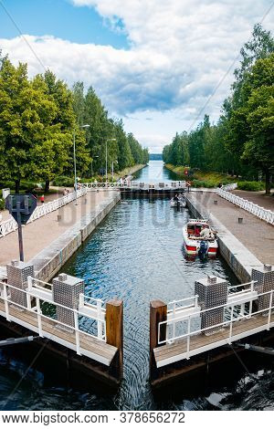 Asikkala, Finland - 16 July 2020: Vaaksy Canal Between Two Big Lakes Vesijarvi And Paijanne. Gateway