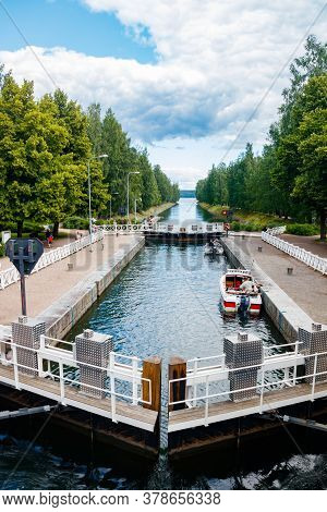 Asikkala, Finland - 16 July 2020: Vaaksy Canal Between Two Big Lakes Vesijarvi And Paijanne. Gateway