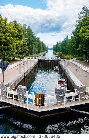Asikkala, Finland - 16 July 2020: Vaaksy Canal Between Two Big Lakes Vesijarvi And Paijanne. Gateway