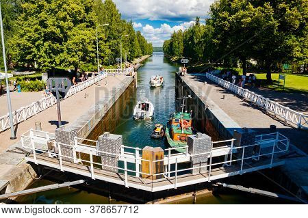 Asikkala, Finland - 16 July 2020: Vaaksy Canal Between Two Big Lakes Vesijarvi And Paijanne. Gateway