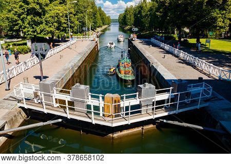 Asikkala, Finland - 16 July 2020: Vaaksy Canal Between Two Big Lakes Vesijarvi And Paijanne. Gateway