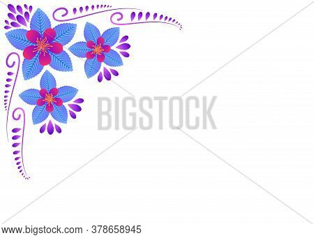 Copy Space Flower, Vector Illustration, Pink Flowers With Blue Leaves, With Decorative Curves, Purpl