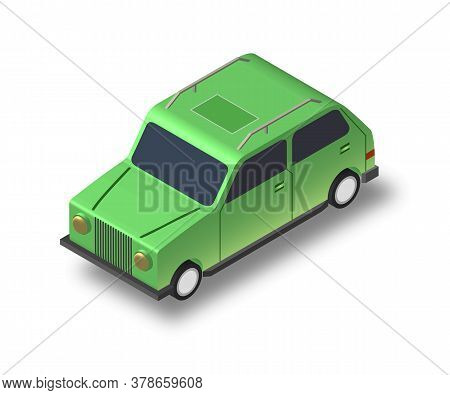 Vector Green Car Isometric Illustration, 3d Rendering, Isolated Green Cartoon Machine
