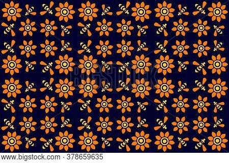 Flowers And Bees Pattern, Seamless Floral Pattern With Flying Bees, Yellow Orange Flowers On Blue Ba