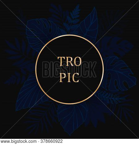 Luxury Gold And Indigo Blue Background Vector. Floral Pattern With Round Frame, Golden Line Arts. La