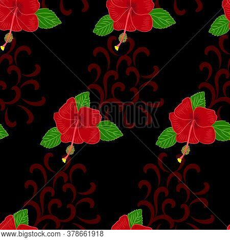 Seamless Pattern Wallpaper Of Hibiscus Flowers And Leaves On Black Background. Hand Drawn Vector Ill