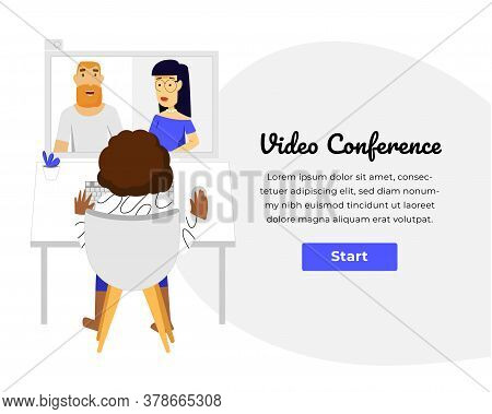 Web Template With Clean Design. Bright Blue Accent Color. Home Working Video Conference.