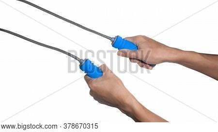 People Hands To Holding The Blue Fitness Rope, People Exercise Gesturing, Isolated On White Backgrou