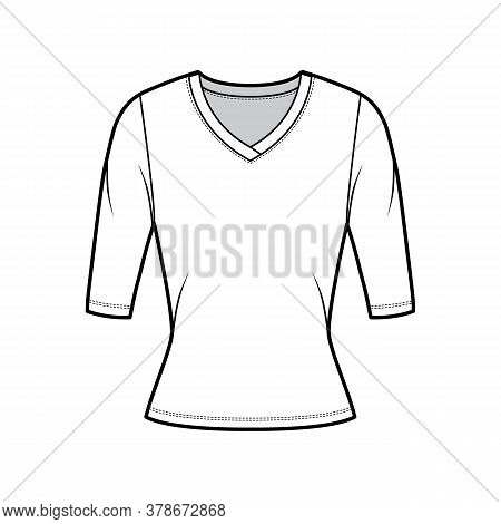 V-neck Jersey Sweater Technical Fashion Illustration With Elbow Sleeves, Close-fitting Shape. Flat O
