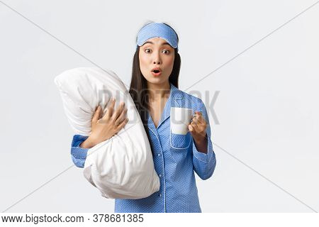 Morning Lifestyle, Breakfast And People Concept. Surprised And Curious Cutr Asian Girl In Sleeping M