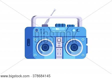Vintage Tape Player From 80s, Blue, Sound Isolated On White Background, Flat Illustration.