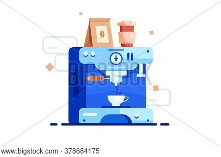 Coffee Machine With Package Of Coffee Beans And Cardboard Cup In Flat Style Isolated On White Backgr