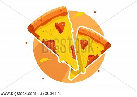 Two Slices Of Italian Pizza With Salami And Smooth Cheese And Crispy Crust Isolated On White Backgro