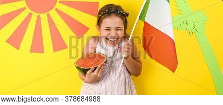 Little Girl On A Bright Background With The Italian Flag Holding A Fruit Basket In Her Hands. The Co