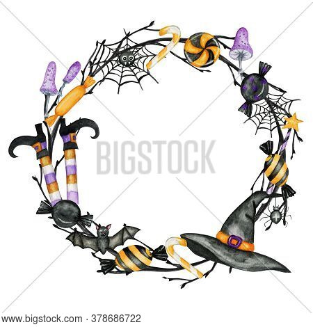 Happy Halloween Holiday Party Frame With Wich Hat, Bat, Spider, Candy Sweets Party Decorations. Wate