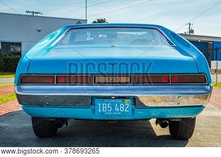 Daytona Beach, Fl / Usa - March 25, 2018: Blue 1970 American Motos Amx Muscle Car At The Spring 2018