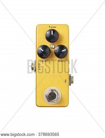 Stomp Box Electric Guitar Signal Distortion Gold Effects Foot Pedal Isolated On White Background Wit