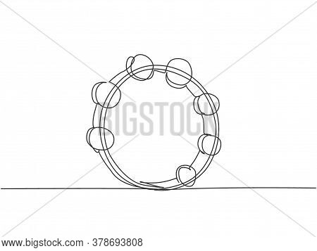 One Continuous Line Drawing Of Round Circle Tambourine. Dynamic Percussion Music Instruments Concept