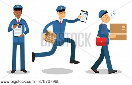 Postman Wearing Uniform Engaged In Daily Routine Vector Illustration Set