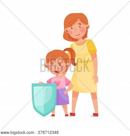 Cute Girl Character Standing With Shield Against Injustice Vector Illustration