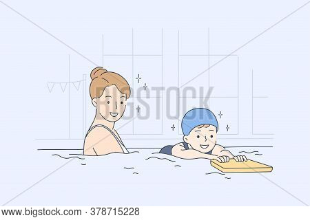 Education, Sport, Training, Swimming Concept. Young Happy Woman Coach Teacher Cartoon Character Givi