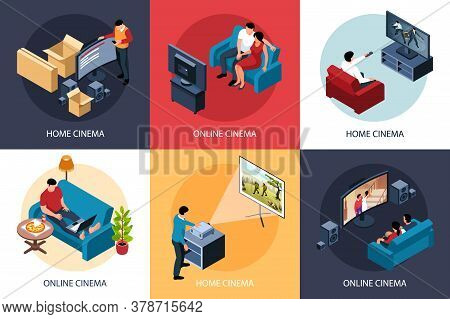 Isometric Online Cinema Design Concept 3x2 Set Of Compositions With People Enjoying Watching Movie A