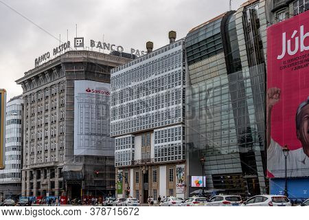 Corunna, Spain - July 20, 2020: View Of Marina Avenue. Corunna Is Famous Touristic City Of Galicia