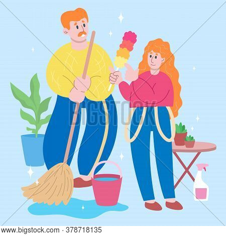 Happy Father And Daughter Teenager Activity. Housework With Father. Single Father, One Parent Family