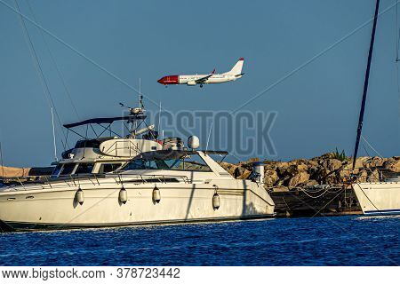 Cagnes- Sur-mer, France 24.07.2020. Flying Plane Over The Sea With Yachts. High Quality Photo