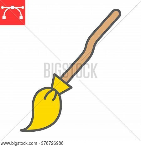 Witch Broom Color Line Icon, Halloween And Scary, Broom Sign Vector Graphics, Editable Stroke Filled
