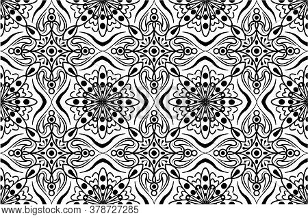 Floral Black Textile Pattern. Seamless Black And White Vector Tile Ornamental Pattern, Repeating Man