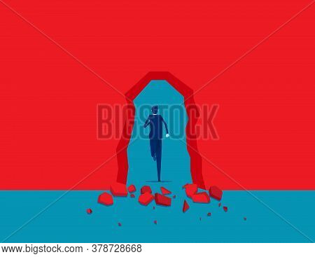 Breaking Through Red Wall. Break Through Obstacles. Flat Cartoon Vector Illustration