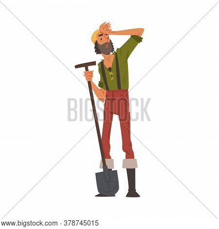Male Prospector Standing With Shovel, Bearded Gold Miner Character Wearing Vintage Clothes Cartoon S