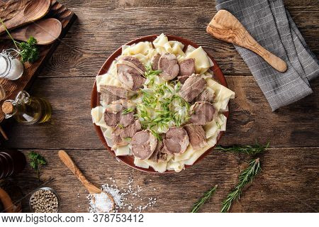 Top View On Kazakh National Dish Beshbarmak With Horse Meat Qazy