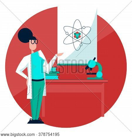 Woman Scientist. Girl Professor Gives A Scientific Lecture. Explains The Structure Of An Atom. Physi