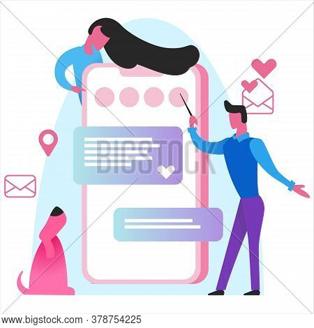 Illustration With A Mobile Device. People Work In A Team And Show The Interface. Presentation Of App
